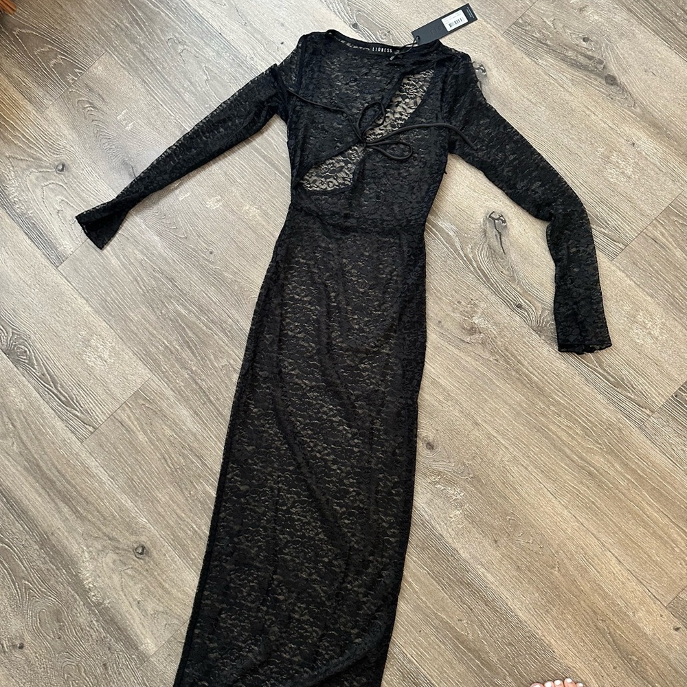 Lioness Black Bodycon Maxi Dress with Long Bell Sleeves for Cocktail
